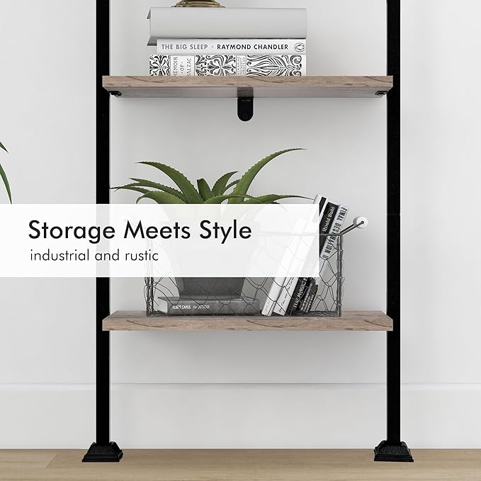 Axeman 5-Tier Ladder Shelf, Tall Narrow Bookcase for Small Spaces, Book Storage Organizer Case Open Shelves for Living Room, Home Office, Study, Industrial Style Black Metal Frame and Gray Shelf