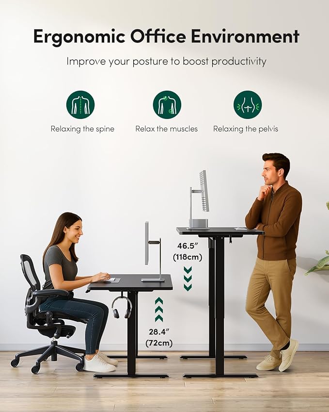 CubiCubi 40 x 24 Small One-Piece Standing Desk, Adjustable Height Electric Computer Sit Stand up Home Office Workstation, with 4 Memory Presets, Headphone Hook, Black