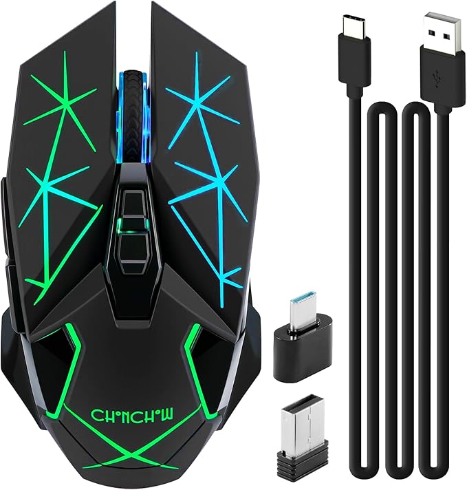CHONCHOW Rechargeable Wireless Gaming Mouse, 7 Buttons, Up to 3200 DPI, RGB LED, USB-C, Side Buttons, 2.4G, Long Charging Cable,Compatible PC Laptop Win Mac Chromebook, Black