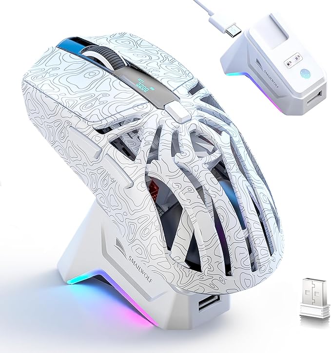 RGB Magnetic Charging Dock Gaming Mouse, 12K DPI, PAW3311 Sensor, Tri-Mode Wireless, 6 Programmable Buttons, Ultra-Light 72g for PC/Mac (White)