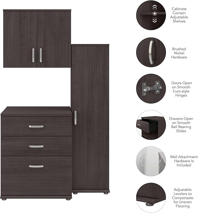 Bush Business Furniture Universal 3 Piece Modular Laundry Room Storage Set with Floor and Wall Cabinets in Storm Gray