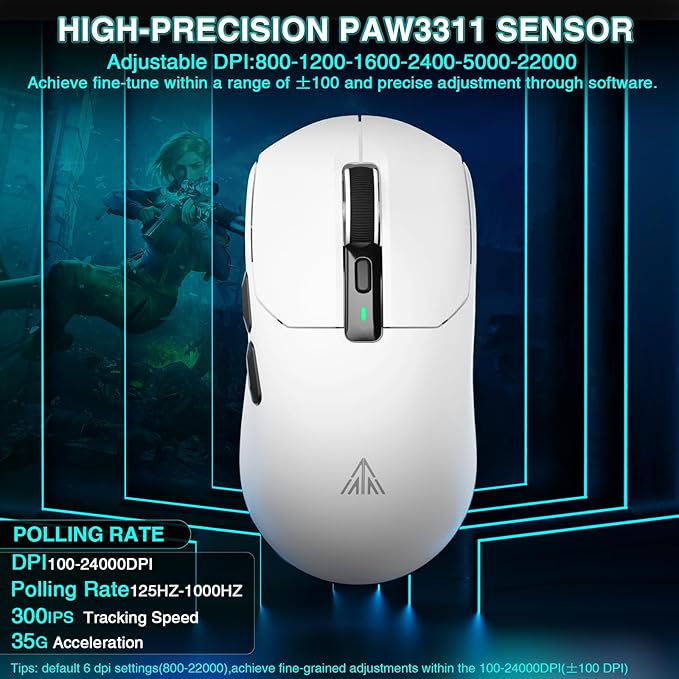 SOLAKAKA SM820 Wireless Gaming Mouse with RGB Charging Dock,24000 DPI Tri-Modes Wireless Mouse with 2 Side Buttons,Programmable Macro Mouse for Gaming(White)