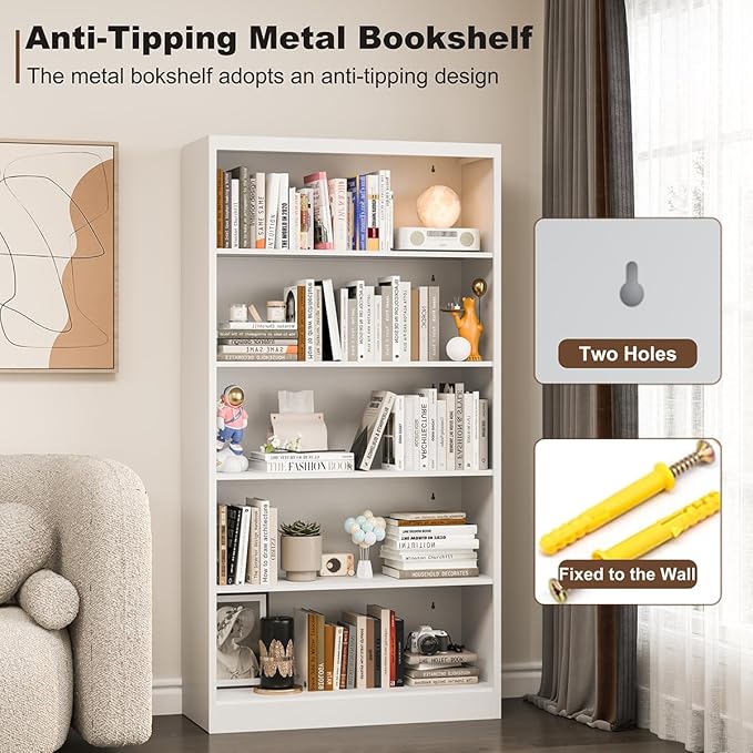 Metal Bookcase and Bookshelf, 66 in Tall Heavy Duty Bookshelf with 4 Adjustable Storage Shelves, Large Deep Bookcase for Home, Library, Office, Bedroom, School, White