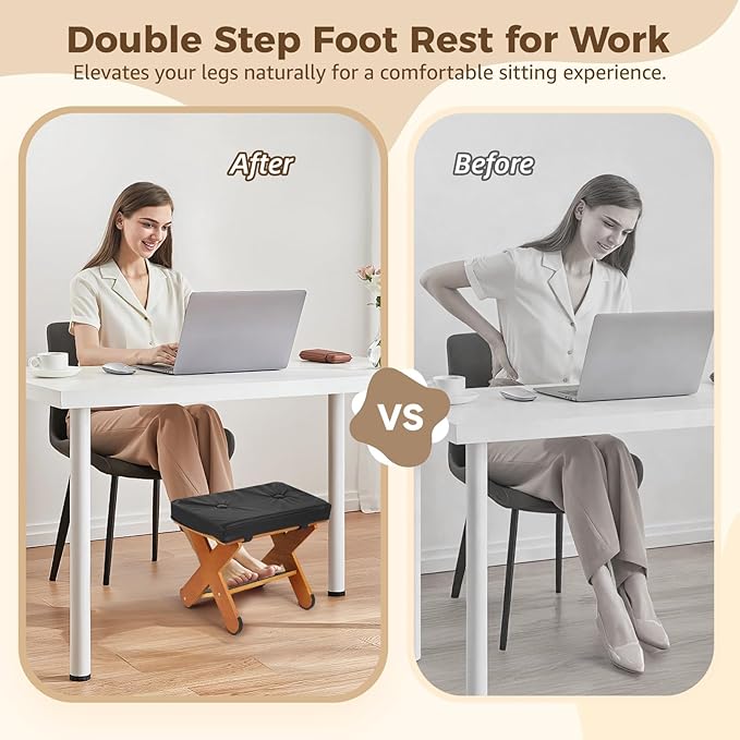 Double Step Foot Rest Under Desk, Ergonomic Wood Foot Stool with PU Cushion Top, Desk Foot Rest for Office Chair, Under Desk Footrest Stool for Work, Leg Rest Support (Walnut Finish)