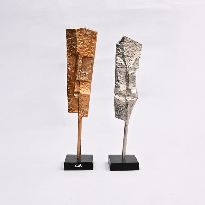 Set of 2 Modern Abstract Aluminum Sculptures 22.5" & 21" H with Black Base Gold & Nickel Finish for Living Room Office Home Decor
