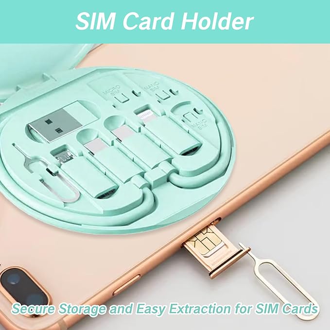 9 in 1 Cable Case USB Adapter Cable Conversion Storage Box USB Type C to Micro USB/Lightning/USB A Cable Data Transfer Tool Contains Sim Card Slot Tray Eject Pin Use as Phone Holder (Green)