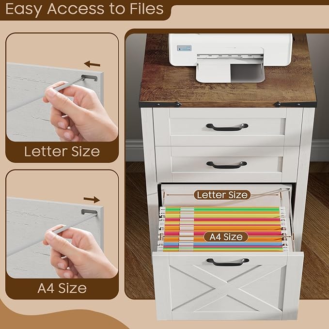 Vabches Vertical File Cabinet with 3 Drawers, Wooden Farmhouse Filing Cabinet for Letter/A4 Size Hanging Files, Under Desk Printer Stand with Storage for Home Office, Rustic White
