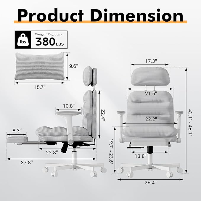 GXJ Criss Cross Chair with Wheels & Flip-up Arms, Executive Office Chair with Foot Rest, Swivel Cross Legged Office Chair with Lumbar Pillow, Corduroy Comfy Computer Desk Chair for Home, Grey