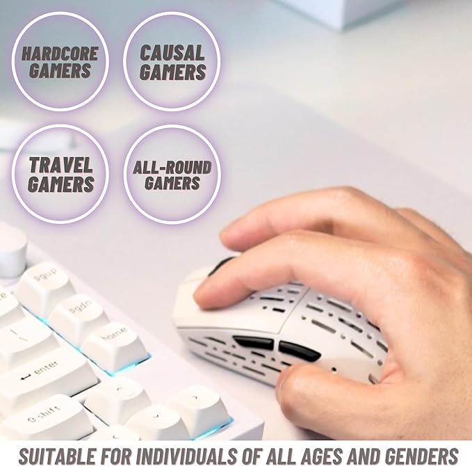 Sleeper, Wireless Gaming Mouse,19000 DPI, 53g Lightweight, 6 Programmable Buttons, Long Battery Life, PAW3370 Sensor, for Esports/FPS Gaming/Laptop/PC/Mac/Windows, White