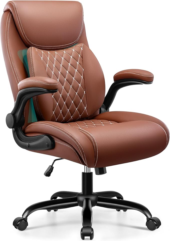 Office Chair, Ergonomic Desk Chair with Lumbar Support for Lower Back Pain Relief, Executive Leather Chair with Padded Flip-up Armrests and Wheels, Brown