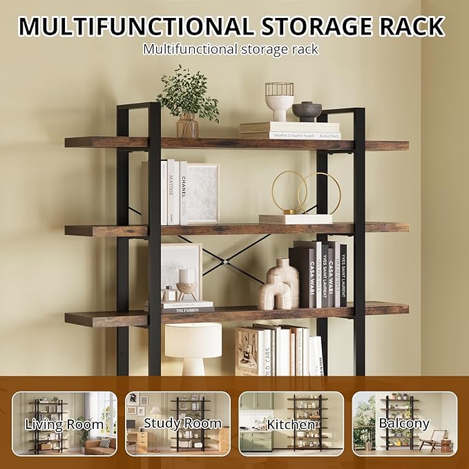FURSUN Heavy Duty 4 Tier Bookcase, 55-in Tall Industrial Modern Large Bookshelf, Wood Farmhouse Bookcases Book Shelves and Metal Frame for Office, Bedroom, Living Room, Brown