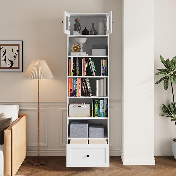 TUSY 85.5 Inch Tall Bookshelf with Doors - 7 Tier Bookcase with Glass Doors and Drawer, 23.6" Wide Storage Cabinet with Open Shelves for Living Room, White Book Shelf for Home Office, Study (B)