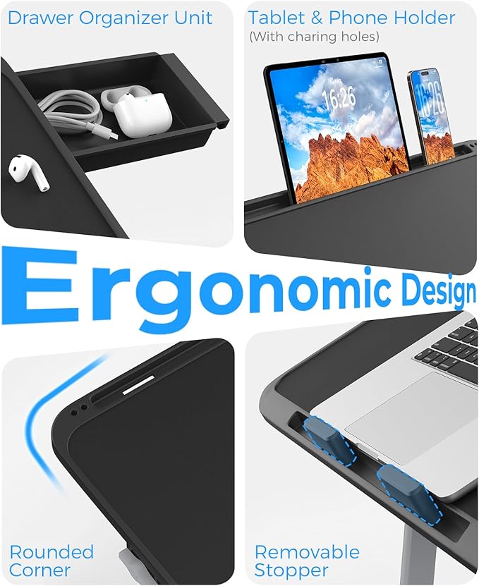 HETTHI Laptop Bed Tray Table, Adjustable Sturdy Laptop Stand for Bed with Premium Materials, Folding Portable Lap Desk with Drawer for Writing Working Reading Eating Couch Floor (Black, 22.04"×12.2")