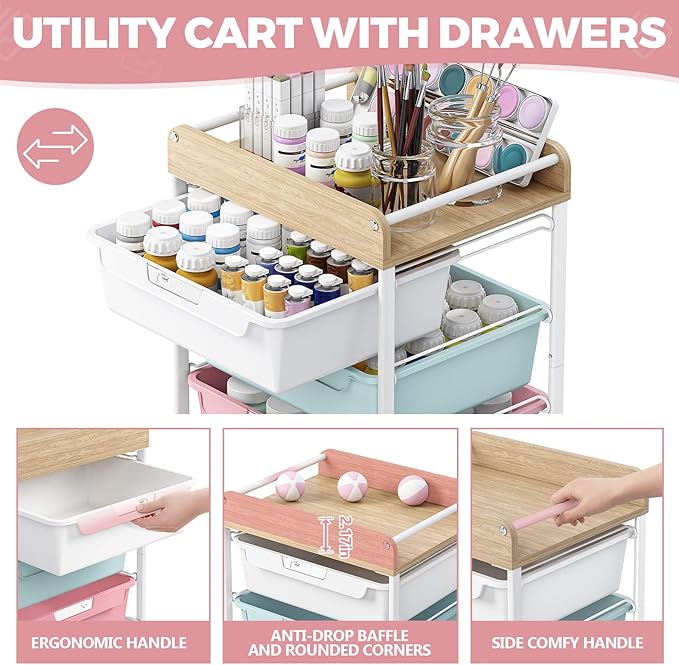 SYKIARIOL Rolling Storage Utility Cart with 5 Drawers,Craft Cart with Wheels,Makeup Organizer,Art Supply and Storage Wooden Tabletop,Colorful