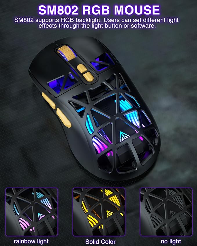 SOLAKAKA SM802 Wireless Gaming Mouse,10000 DPI,Tri-Mode Wired/BT 5.0/2.4GHz Wireless Mouse with Side Button, RGB Programmable Macro Mouse for Laptop (Black)