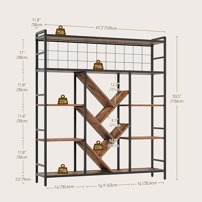 RALGEND Triple 5-Tier Bookshelf, Industrial Large Bookcase with 14 Open Display Shelves, Modern Tree Bookcase with Metal Frame and Hanging Function for Living Room, Home Office, Rustic Brown and Black