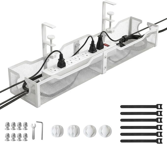 Upgraded 25.2'' Under Desk Cable Management Tray, No Drill Clamp-On Design Wire Organizer, Cable Organization Box for No Damage to Desk, Metal Cord Organizer for Home Office, White