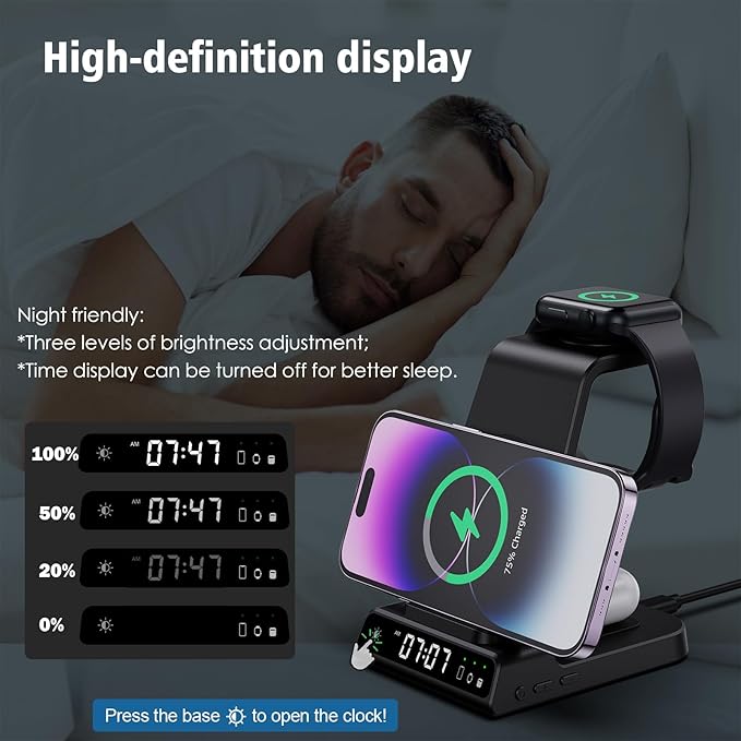 Wireless Charging Station, YiJYi 3 in 1 Watch Charger Stand with Digital Clock Suitable for iWatch SE/6/5/4/3/2/1,AirPods Pro, for iPhone 16/15/14/13/12/11 Pro Max/XS/XR/X/8/Samsung S23/S22/S21
