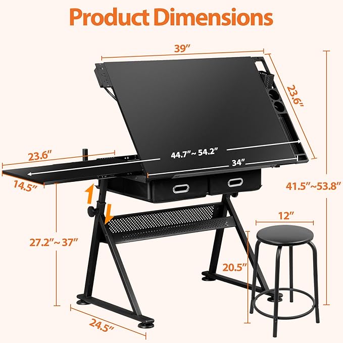JupiterForce Drafting Table Art Desk w/Power Outlet and Stool, Adjustable Tilting Drawing Table Artist Desk with 2 Storage Drawers, Art Craft Work Station for Home Office Working, Writing, Crafting