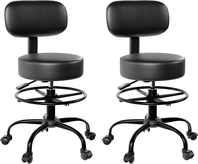 Drafting Chair with Back, Adjustable Foot Rest Rolling Stool (2, Black)