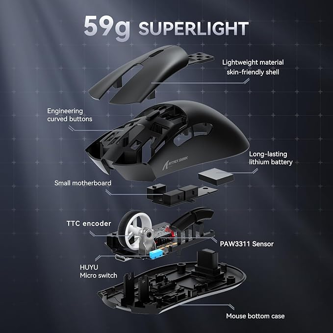 MAMBASNAKE Attack Shark R1 Wireless Gaming Mouse,PAW3311 Optical Sensor 18K DPI,59g Ultralight 2.4Ghz/BT/Wired Computer Mice for Win/Mac - Black