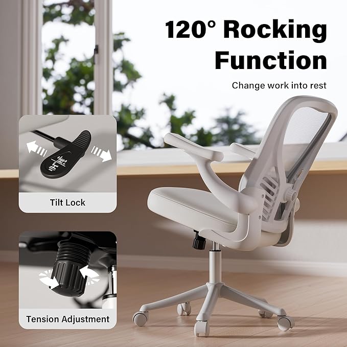 GYI Office Chair Ergonomic, Computer Desk Chair with Mesh Back, Adjustable Lumbar Support, 3D Flip-up Arms, Wheels, All White
