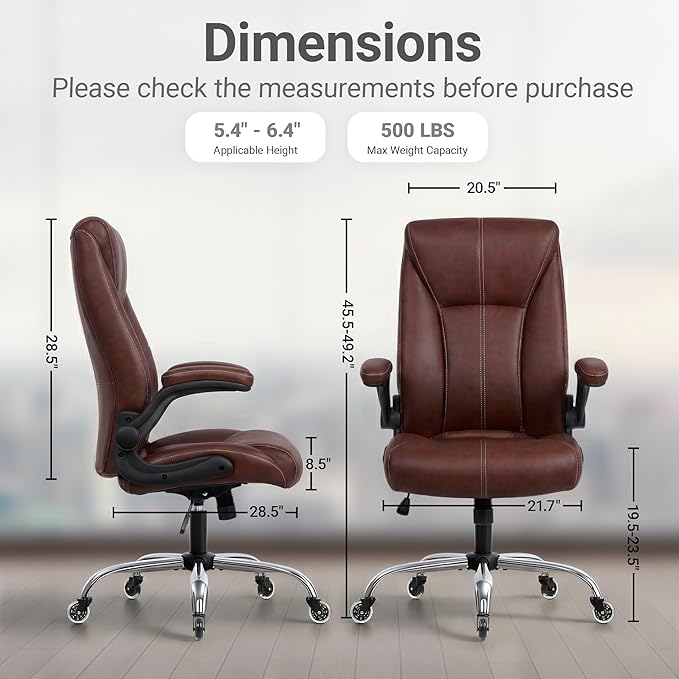 Big and Tall Office Chair for Heavy People, 500LBS High Back Extra Wide Executive PU Leather Office Chair with Flip-Up Armrests, Quiet Rubber Wheels, Comfortable Home Office Desk Chair(Brown)
