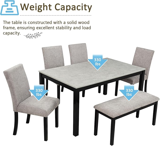 6-Piece Dining Table Set with Bench Solid Wood Kitchen Table with Concrete-Effect Tabletop and 4 Upholstered Chairs Comfortable Seating for Kitchen Restaurant Grey and Black