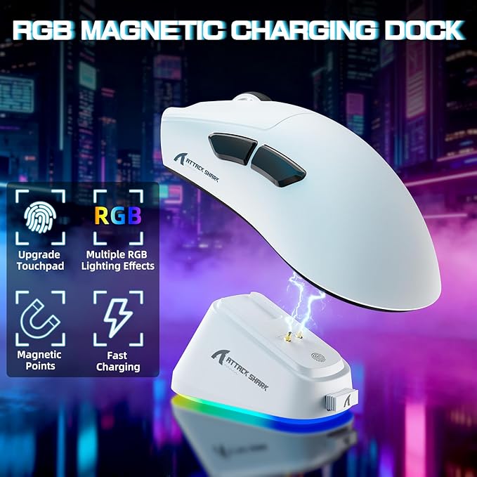 ATTACK SHARK V3 PRO Wireless Esports Gaming Mouse with Magnetic Charging Dock:62g Lightweight-1K Polling-25K DPI-PAW3311 Sensor,Wired/BT/2.4Ghz Programmable,BK52820 IC for PC Mac Laptop Gamer(White)
