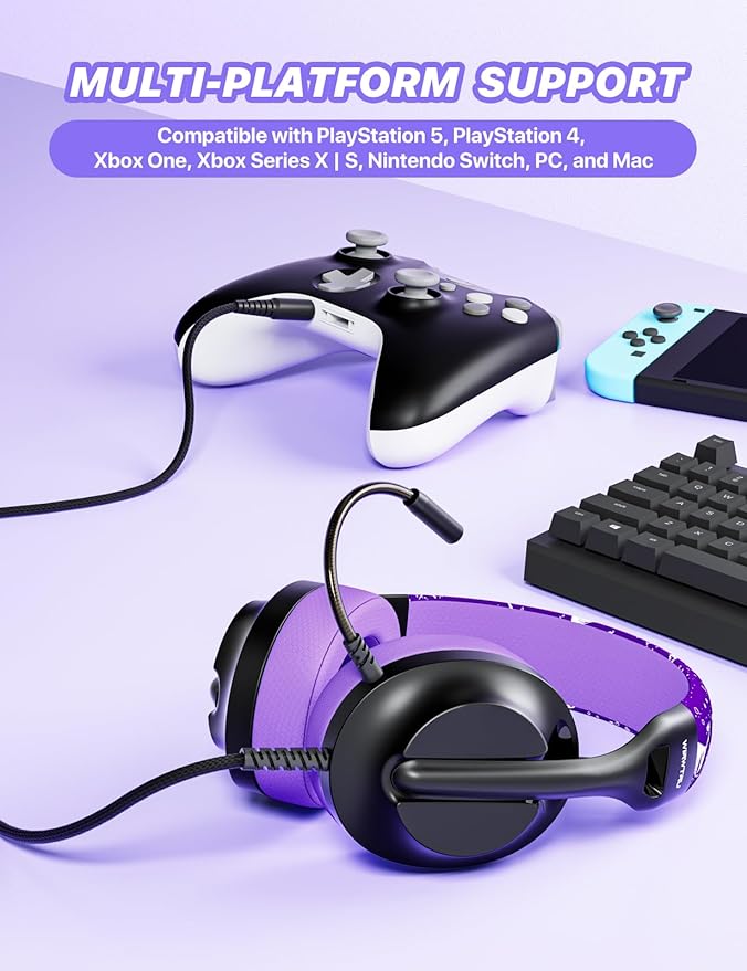 WIRWTRU S30 Gaming Headset with Microphone,198g Lightweight Design, Wired Gaming Headphones for Xbox, Xbox Series X|S, PS5, PS4, Switch, PC, Noise Cancelling Mic, Soft Earmuffs (Purple)