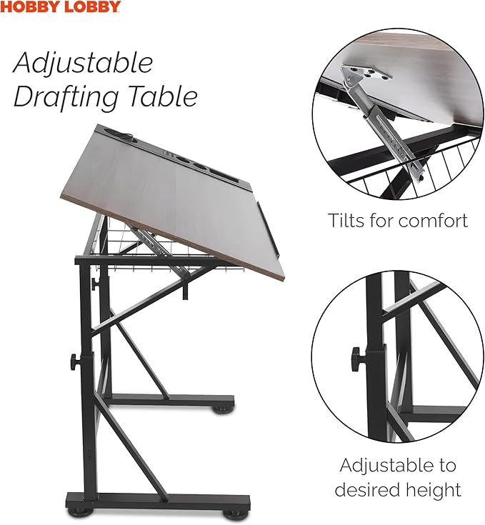 Curate + Colour Multimedia Wood Art Table for Adults - Sturdy & Adjustable Drafting Table w/ 3 Drawers, Pencil Cup, Tray & More - Freestanding & Easy to Assemble Paint Table - Versatile Art Tables