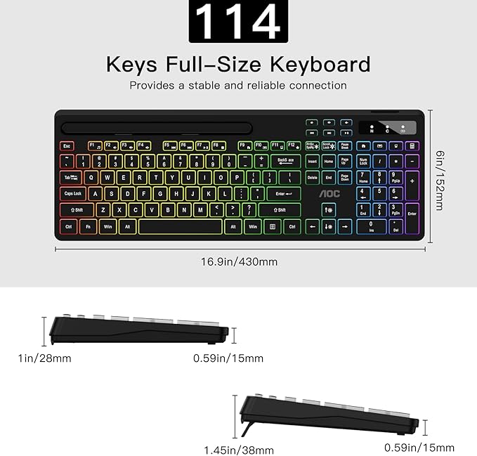 AOC KB600 Wireless Keyboard with 7-Color RGB Backlit, 2.4GHz Full-Size Computer Keyboard with Phone Tablet Holder, Number Pad, 22 Multimedia Hotkeys, Rechargeable for Mac, Windows
