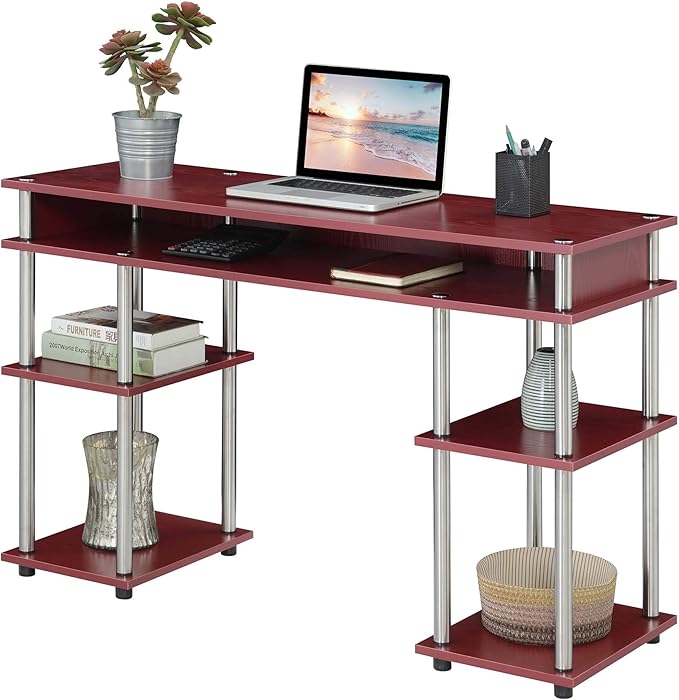 Convenience Concepts Designs2Go No Tools Desk Home Office Desk with Shelves, Corner Shelf Vanity Desk Computer Desk Nail Table for Nail Tech - 47.25" L x 15.75" W x 30" H, Dark Cranberry Red