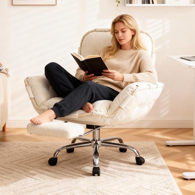 Criss Cross Office Chair with Foot Rest Flip Armrests for Pets and Comfortable Cross Legged Office Chairs for Women Reclining Office Chair Desk Chair Comfy Vanity Chair with Back and Wheels Beige