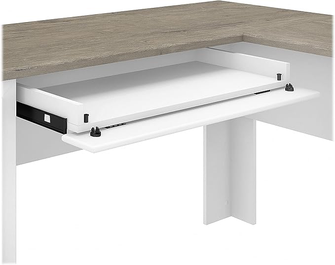 Bush Home Fairview 60W L Shaped Desk with Hutch and Lateral File Cabinet in Pure White and Shiplap Gray