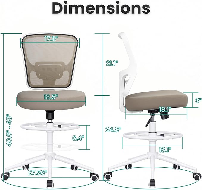 Armless Drafting Chair Tall Office Chair for Standing Desk - Adjustable Height Mesh Ergonomic Stool with Foot Ring, Rolling Counter Height Computer Chair for Small Spaces & Home Office