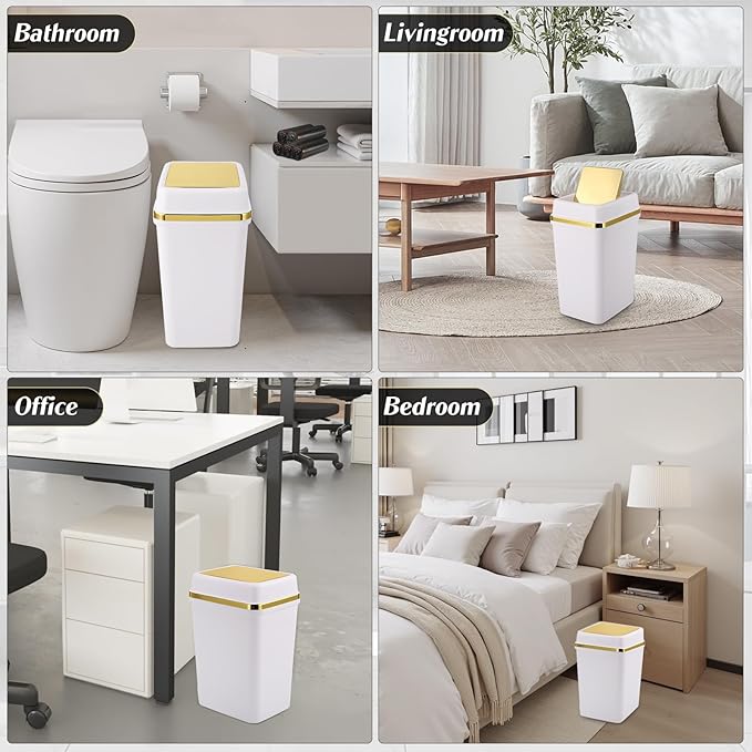 3 Pack Bathroom Trash Can with Lid 4 Gallon Small Trash Can with Swing Lid White and Gold Bathroom Garbage Can with 225 Counts Trash Bags for Kitchen Bedroom Office