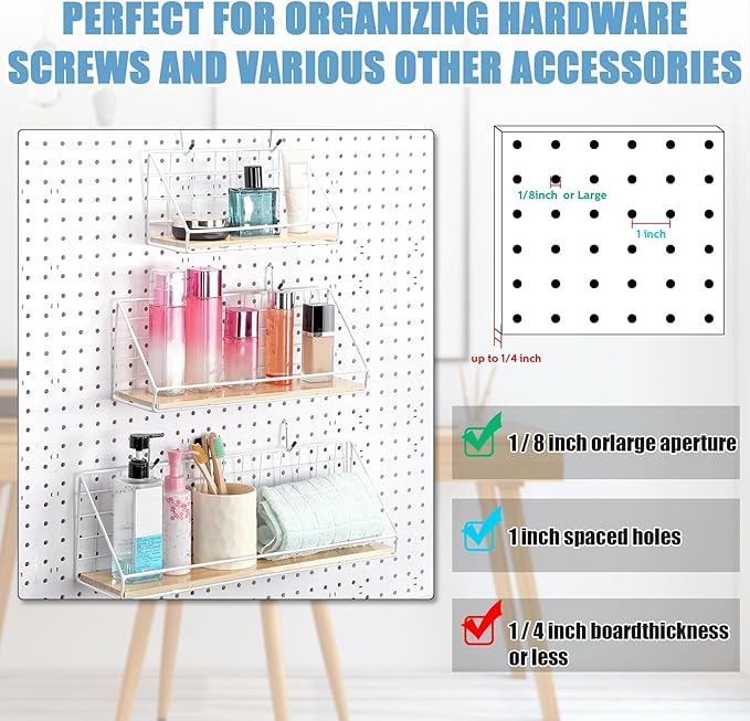 Roowest 3 Sets Metal Pegboard Shelves with Steel Peg Board Brackets and Hooks Wall Organizer Storage Display Tray Accessories for Craft Room Home Office Garage Nursery Workbench Kitchen(White)