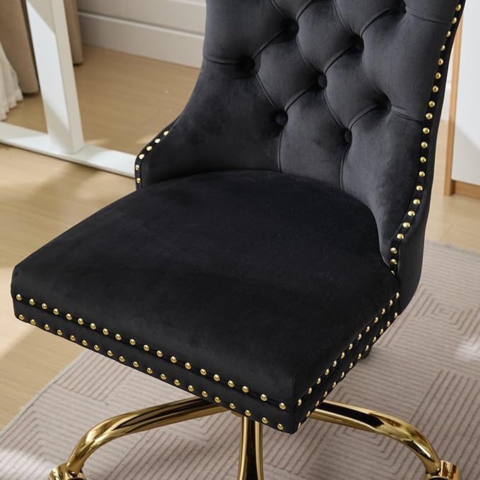 Goujxcy Desk Chair, Modern Velvet Upholstered Tufted Button Home Office Chair, 360° Swivel Armless Desk Chairs, 120°Rocking Ergonomic Computer Task Vanity Chairs, Black