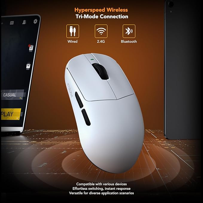 KYSONA Mercury Wireless Gaming Mouse，41g Ultalight, PAW3395 Sensor, 8K Polling Rate,26000 DPI,5 Programmable Buttons Optical Mice for PC/MAC/Laptop,White
