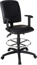 Pemberly Row Multi-Function Leather Drafting Stool, Adjustable Arms, Black Upholstery, Chrome Footring, Hooded Casters, 48" H x 27" W x 35.5" D, Ergonomic Office Chair for Workspace or Studio Use