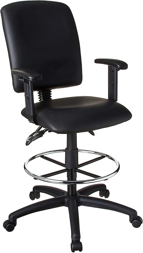 Pemberly Row Multi-Function Leather Drafting Stool, Adjustable Arms, Black Upholstery, Chrome Footring, Hooded Casters, 48" H x 27" W x 35.5" D, Ergonomic Office Chair for Workspace or Studio Use
