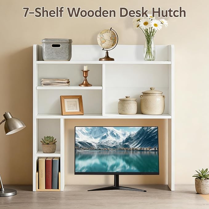 OFCASA Desktop Bookshelf, Countertop Storage Hutch with 7 Shelves for Computer Desk, 35.4'' 3-Tier Display Rack, Multipurpose Wooden Desk Hutch Storage Organizer for Home Office Dorm, White