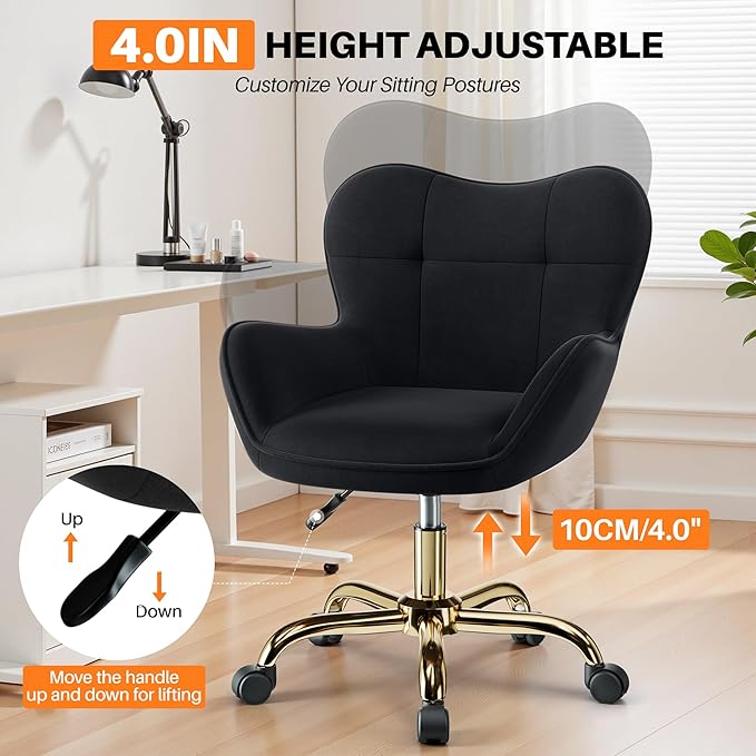Vanity Chair with Wheels, Cute Home Office Desk Chairs Adjustable Height for Living Bedroom, Small Modern Fluffy Velvet Makeup Chair with Back for Girls (Black)