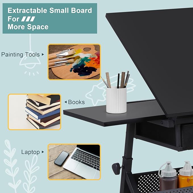 ZENY Adjustable Drafting Table with Stool, Tilting Drawing Desk Artist Table with Storage Drawers, Art Craft Workstation for Home Office Reading, Writing, Crafting