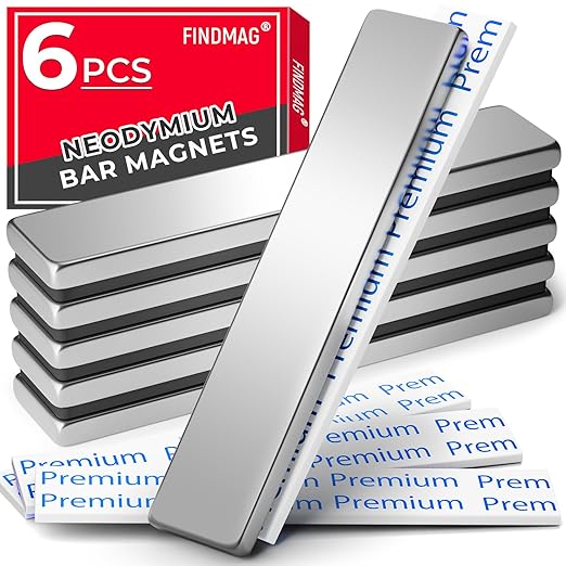 FINDMAG Neodymium Magnet, 6 Pack Bar Magnets Strong Heavy Duty Magnets with Adhesive Backing, Magnetic Strip Rare Earth Magnet for Crafts, Refrigerator, Door, Science- 60 x 10 x 3 mm, Silver