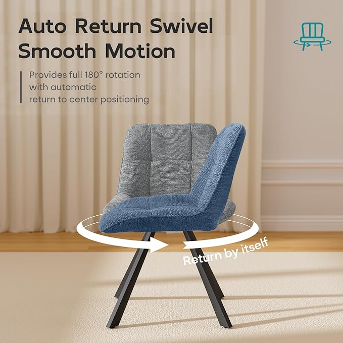 Small Desk Chair No Wheels, Swivel Velvet Vanity Chair No Arms, Armless Office Chair with Back and Metal Legs for Small Space, Bedroom, Home Office, Mid Century Modern, Ocean Blue