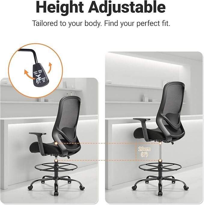 Drafting Office Chairs Big and Tall 450lbs Heavy Duty Mesh Tall Office Chair for Standing Desk, Ergonomic Desk Chair with with Lumbar Support & Wide Seat