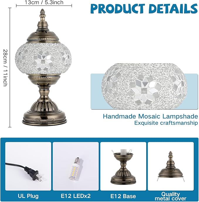 GOGERS Turkish Moroccan Table Lamp Lantern with Handmade Mosaic Glass Lampshade Tiffany Style Bohemian Stained Glass Decorative Desk Lamps Bedside Night Lights for Bedroom (White Fancy)