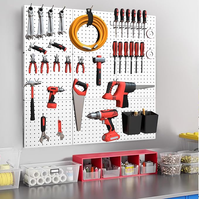 FZK Peg Board, 74PCS Metal Pegboard Wall Organizer Kit. Heavy Duty Pegboard, White Pegboard for Garage Craft Room Workbench Office Kitchen Tool Organization, 24 * 24